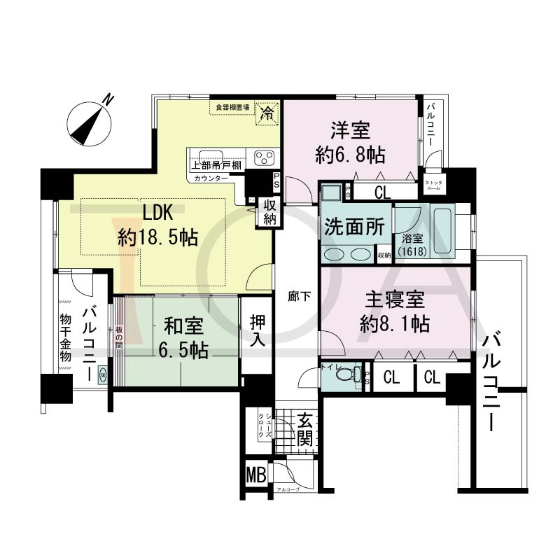 アパタワーズ神戸三宮の間取り図 Mタイプ
全3邸　北東・南西2方向き角住戸
3LDK　専有面積 97.60m2
アルコーブ面積1.57m2
バルコニー面積18.03m2