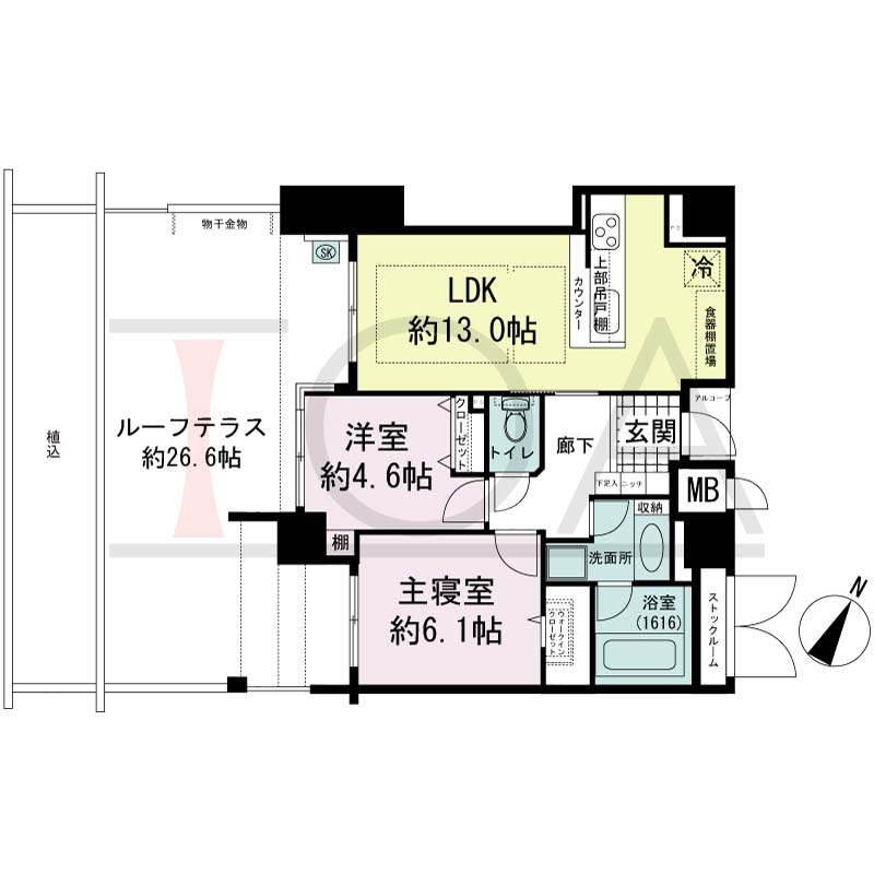 アパタワーズ神戸三宮の間取り図 O・Orタイプ
全13邸(Or含む)　南西向き住戸
2LDK　専有面積59.40m2
アルコーブ面積1.08m2
バルコニー面積8.11m2
ルーフテラス面積43.03m2(Orタイプのみ)
※ 掲載の間取図はOrタイプです。