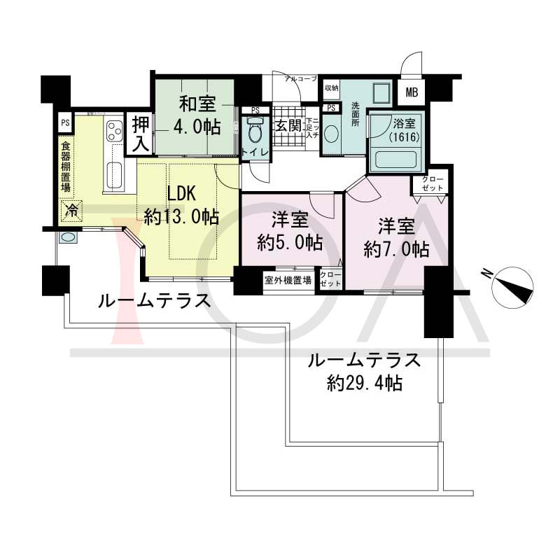 アパタワーズ神戸三宮の間取り図 N・Nrタイプ
全13邸(Nr含む)　南西向き住戸
3LDK　専有面積67.20m2
アルコーブ面積1.97m2
バルコニー面積4.20m2
ルーフテラス面積47.59m2(Nrタイプのみ)
※ 掲載の間取図はNrタイプです。