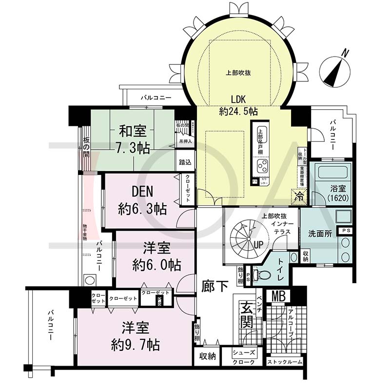 アパタワーズ神戸三宮の間取り図 PAタイプ
1邸　北西・北東・南西3方向き角住戸
3LDK＋D　専有面積 138.02m2
アルコーブ面積4.41m2
バルコニー面積20.45m2
ペントハウステラス面積118.78m2