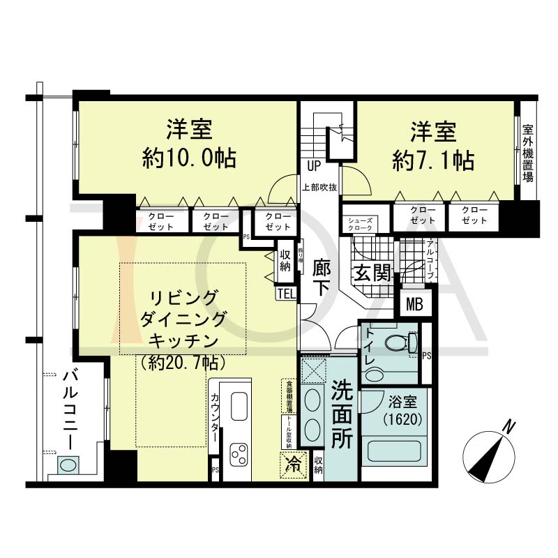 アパタワーズ神戸三宮の間取り図 PBタイプ
1邸　南西向き住戸
2LDK　専有面積96.30m2
アルコーブ面積1.37m2
バルコニー面積13.35m2
ペントハウステラス面積101.62m2