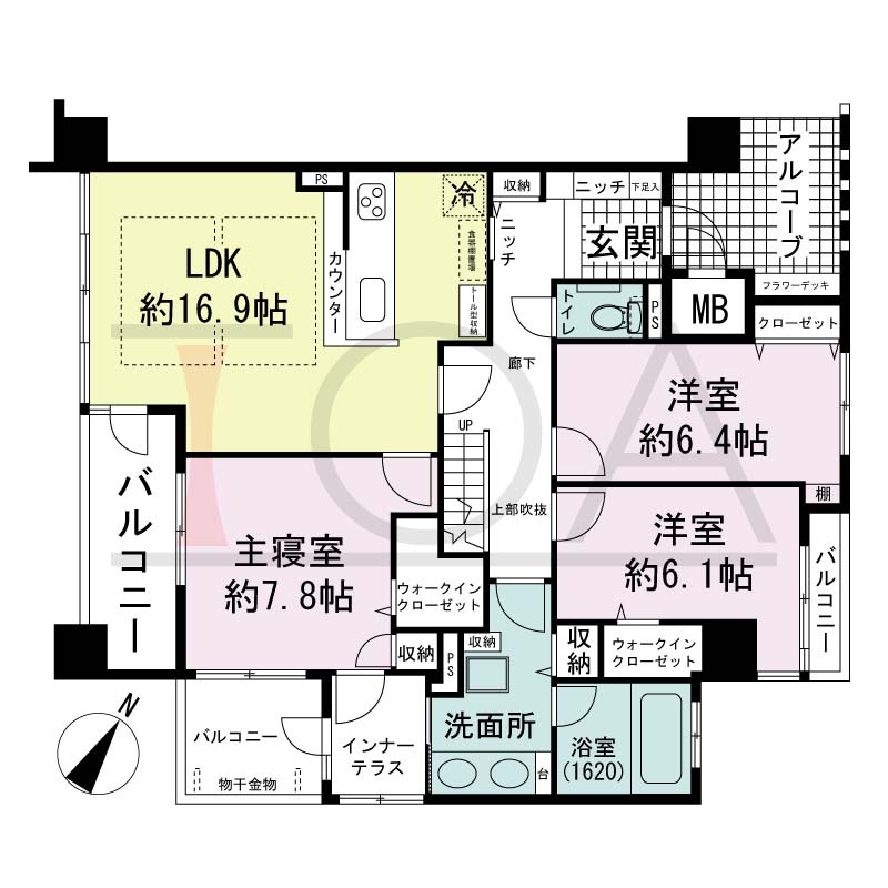 アパタワーズ神戸三宮の間取り図 PCタイプ
1邸　南・東・西3方向き角住戸
3LDK　専有面積96.79m2
アルコーブ面積6.25m2
バルコニー面積12.73m2
ペントハウステラス面積78.36m2