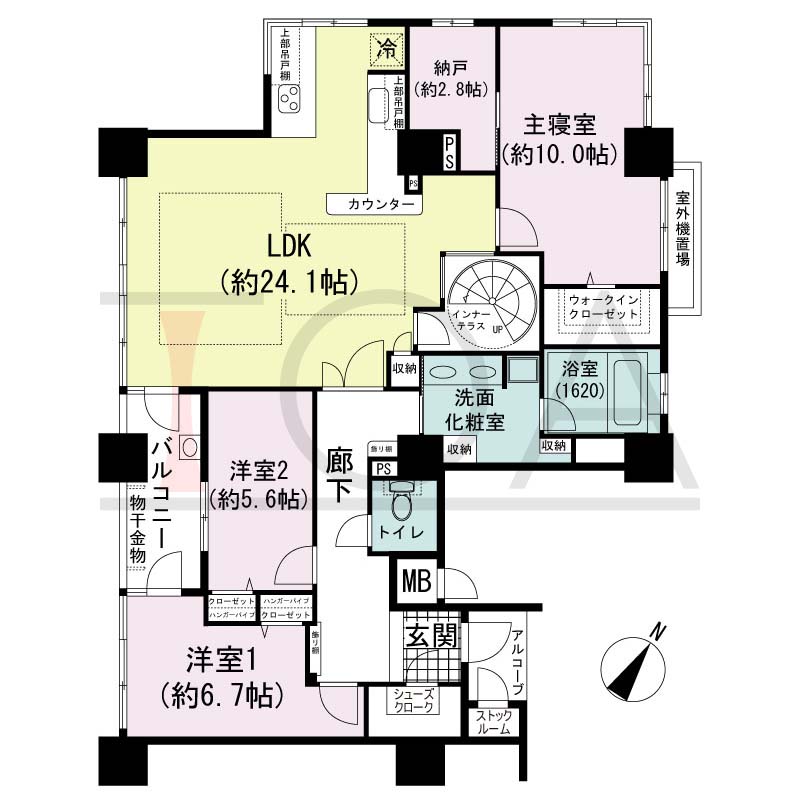 アパタワーズ神戸三宮の間取り図 PDタイプ
1邸　南西向き角住戸
3LDK　専有面積119.67m2
アルコーブ面積2.31m2
バルコニー面積6.58m2
ペントハウステラス面積93.82m2