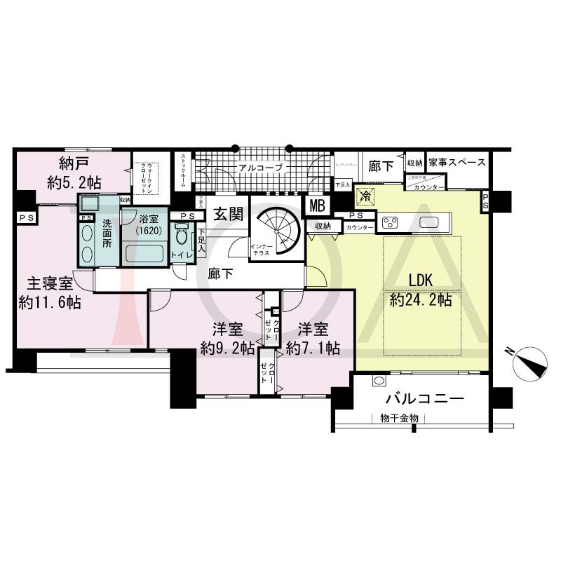 アパタワーズ神戸三宮の間取り図 PEタイプ
1邸　南西向き住戸
3LDK　専有面積144.61m2
アルコーブ面積8.66m2
バルコニー面積15.82m2
ペントハウステラス面積83.19m2
