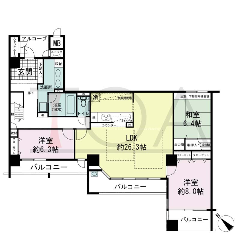 アパタワーズ神戸三宮の間取り図 PFタイプ
1邸　南西向き住戸
3LDK　専有面積113.18m2
アルコーブ面積3.92m2
バルコニー面積18.96m2
ペントハウステラス面積106.35m2