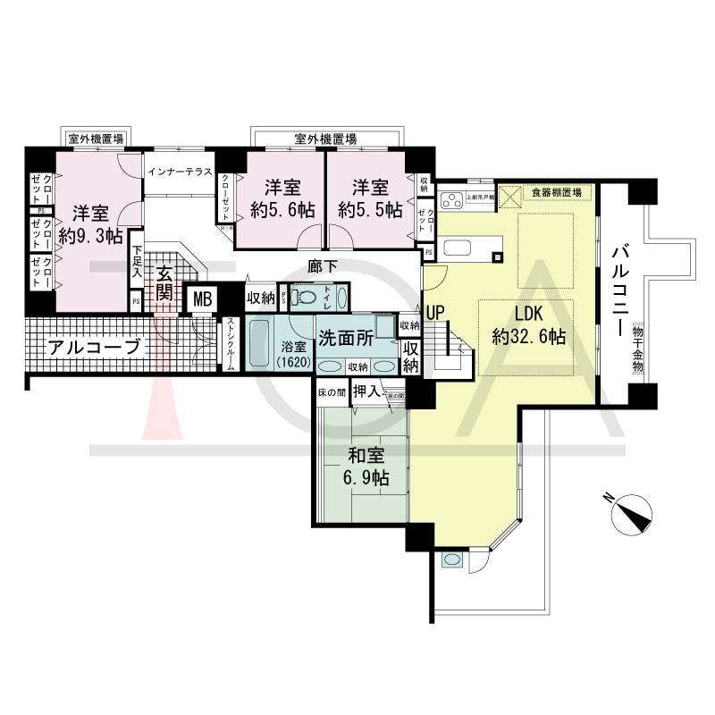 アパタワーズ神戸三宮の間取り図 PHタイプ
全1邸　南東向き角住戸
4LDK　専有面積147.22m2
アルコーブ面積11.10m2
バルコニー面積23.71m2
ペントハウステラス面積104.90m2
