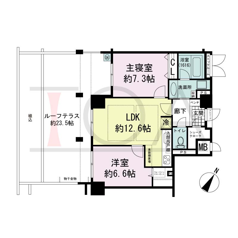 アパタワーズ神戸三宮の間取り図 Q(r)タイプ
全13邸(Qr含む)　南西向き住戸
2LDK　専有面積62.87m2
アルコーブ面積0.66m2
バルコニー面積10.06m2
ルーフテラス面積37.99m2(Qrタイプのみ)
※ 掲載の間取図はQrタイプです。