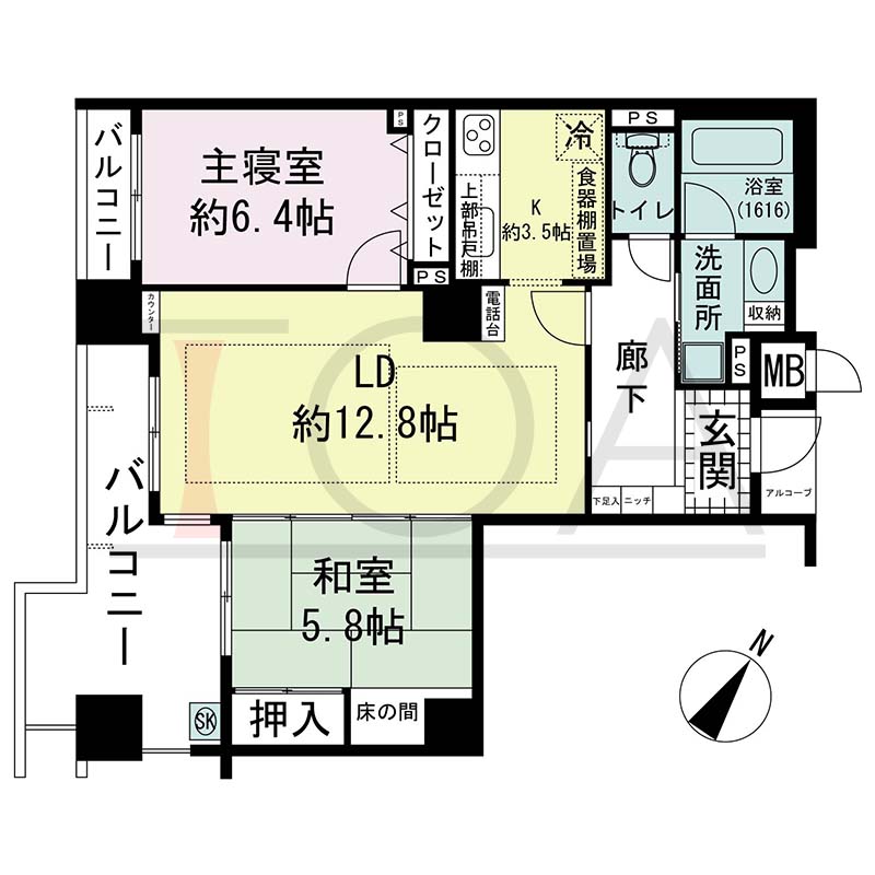 アパタワーズ神戸三宮の間取り図 S(r)タイプ
全13邸(Sr含む)　南西向き住戸
2LD・K　専有面積67.68m2
アルコーブ面積1.36m2
バルコニー面積11.82m2
ルーフテラス面積13.87m2(Srタイプのみ)
※ 掲載の間取図はSrタイプです。