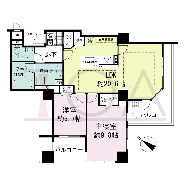 アパタワーズ神戸三宮の間取り図 T(r)タイプ
全13邸(Tr含む)　南東・南西2方向き角住戸
2LDK　専有面積81.33m2
アルコーブ面積2.25m2
バルコニー面積16.13m2
ルーフテラス面積18.13m2(Trタイプのみ)
※ 掲載の間取図はTタイプです。