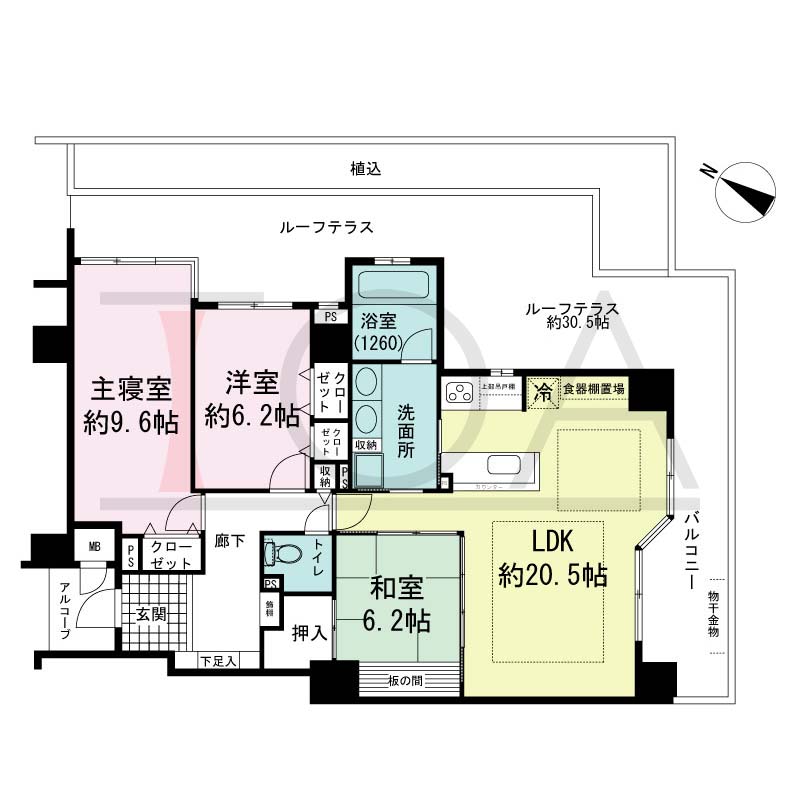 アパタワーズ神戸三宮の間取り図 U(r)タイプ
全13邸(Ur含む)　北東・南東2方向き角住戸
3LDK　専有面積98.03m2
アルコーブ面積2.63m2
バルコニー面積13.88m2
ルーフテラス面積49.38m2(Urタイプのみ)
※ 掲載の間取図はUrタイプです。