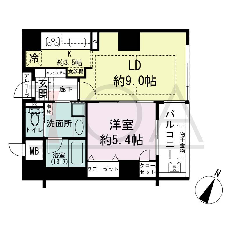 アパタワーズ神戸三宮の間取り図 V(r)タイプ
全13邸(Vr含む)　北東向き住戸
1LD・K　専有面積43.75m2
アルコーブ面積0.65m2
バルコニー面積4.74m2
ルーフテラス面積11.44m2(Vrタイプのみ)
※ 掲載の間取図はVタイプです。