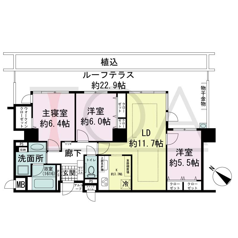 アパタワーズ神戸三宮の間取り図 Y(r)タイプ
全9邸(Yr含む)　北東向き住戸
1LDK　専有面積75.84m2
アルコーブ面積1.10m2
バルコニー面積7.47m2(Yタイプ)・4.83m2(Yrタイプ)
ルーフテラス面積37.08m2(Yrタイプのみ)
※ 掲載の間取図はYrタイプです。