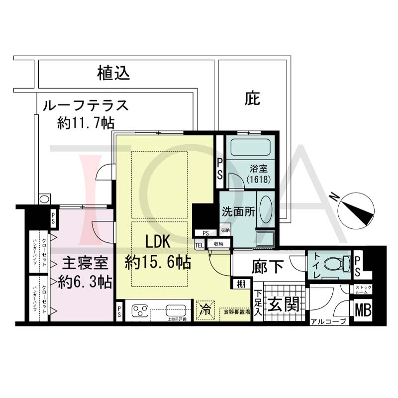 アパタワーズ神戸三宮の間取り図 W(r)タイプ
全9邸(Wr含む)　北東向き住戸
1LDK　専有面積58.10m2
アルコーブ面積2.37m2
バルコニー面積4.61m2
ルーフテラス面積19.03m2(Wrタイプのみ)
※ 掲載の間取図はWrタイプです。