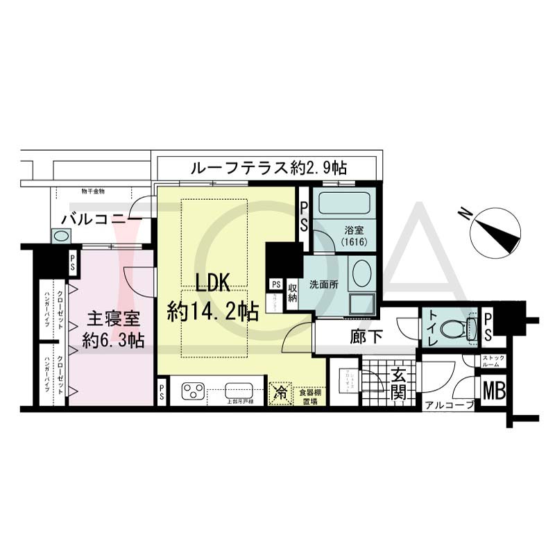アパタワーズ神戸三宮の間取り図 X(r)タイプ
全4邸(Xr含む)　北東向き住戸
1LDK　専有面積53.41m2
アルコーブ面積2.37m2
バルコニー面積4.61m2
ルーフテラス面積4.68m2(Xrタイプのみ)
※ 掲載の間取図はXrタイプです。
