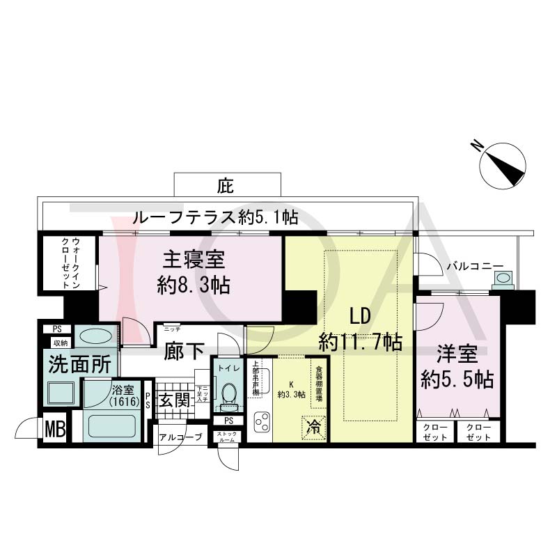 アパタワーズ神戸三宮の間取り図 Z(r)タイプ
全4邸(Zr含む)　北東向き住戸
2LD・K　専有面積68.53m2
アルコーブ面積1.05m2
バルコニー面積7.47m2(Zタイプ)・4.83m2(Zrタイプ)
ルーフテラス面積8.28m2(Zrタイプのみ)
※ 掲載の間取図はZrタイプです。