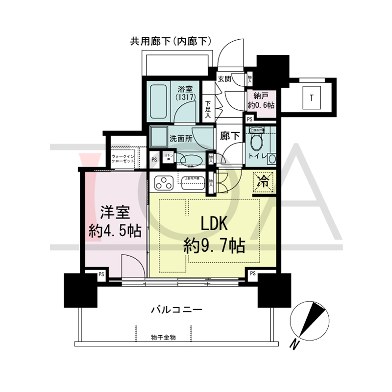 ベイシティタワーズ神戸EAST(ベイシティタワーズ神戸イースト)の間取り図 E-40A-1type
北西向き 1LDK+N+WIC 専有面積38.61m2
バルコニー面積12.61m2
