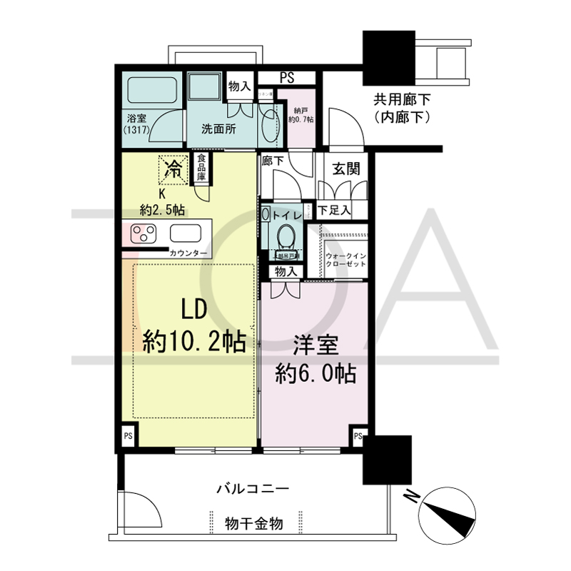 ベイシティタワーズ神戸EAST(ベイシティタワーズ神戸イースト)の間取り図 E-45A-1type
南西向き 1LDK+N+WIC 専有面積46.37m2
バルコニー面積11.78m2