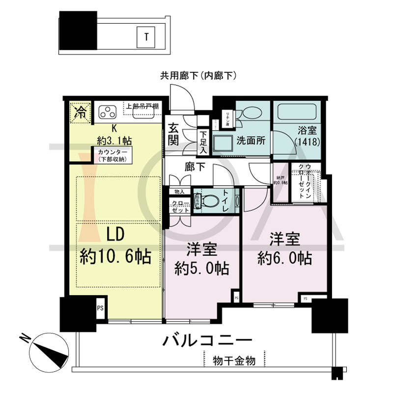 ベイシティタワーズ神戸EAST(ベイシティタワーズ神戸イースト)の間取り図 E-55A-2type
南西向き 2LDK+N+WIC 専有面積56.64m2
バルコニー面積14.14m2 3階 14.27m24階~16階