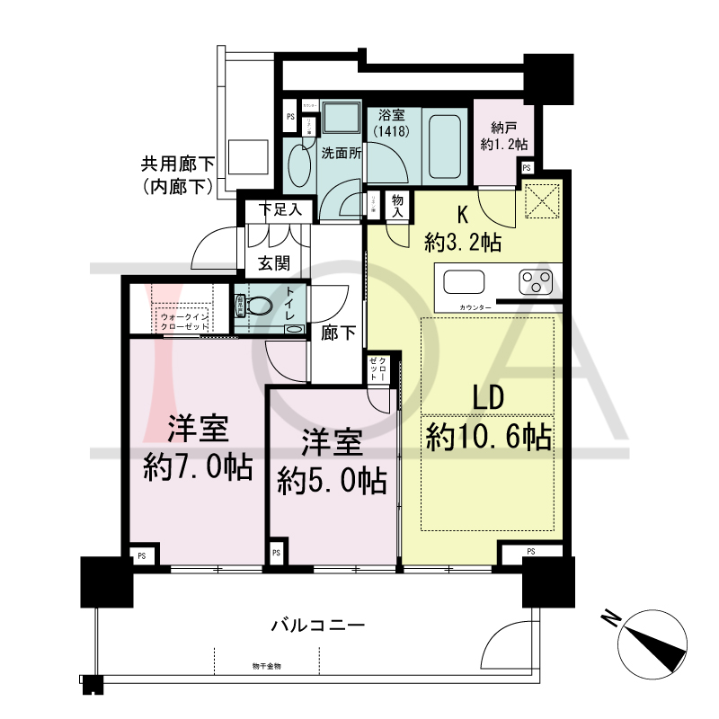 ベイシティタワーズ神戸EAST(ベイシティタワーズ神戸イースト)の間取り図 E-60B-2type
南西向き 2LDK+N+WIC 専有面積60.07m2
バルコニー面積15.73m2