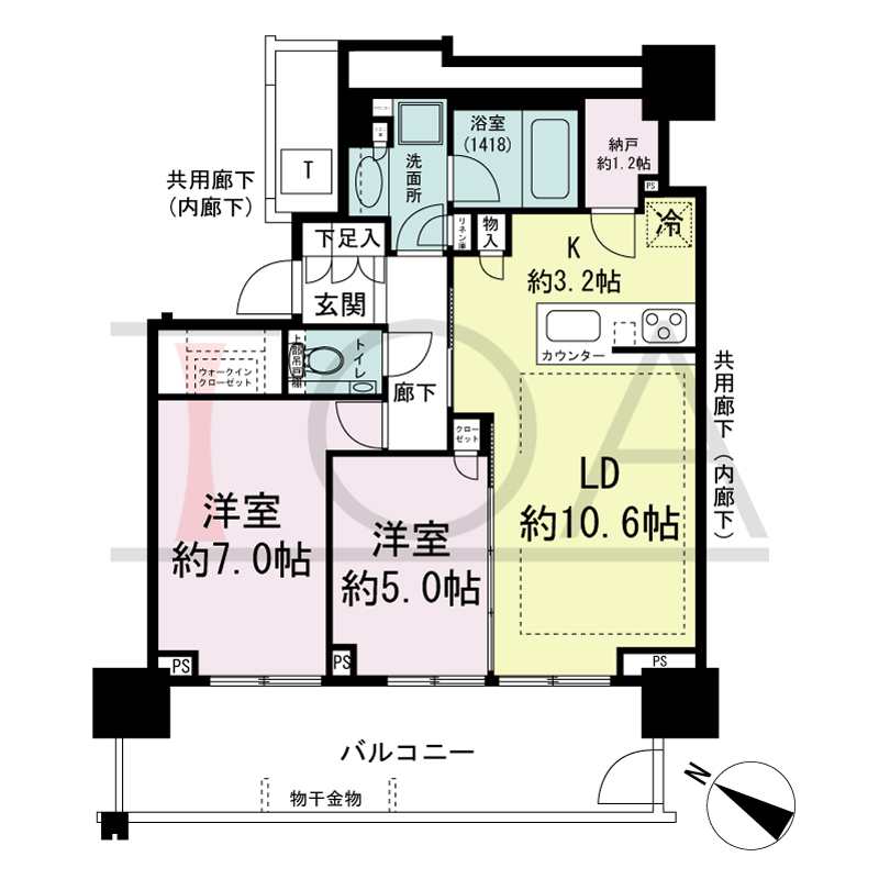 ベイシティタワーズ神戸EAST(ベイシティタワーズ神戸イースト)の間取り図 E-60C-2type
南西向き 2LDK+N+WIC 専有面積60.07m2
バルコニー面積15.73m2