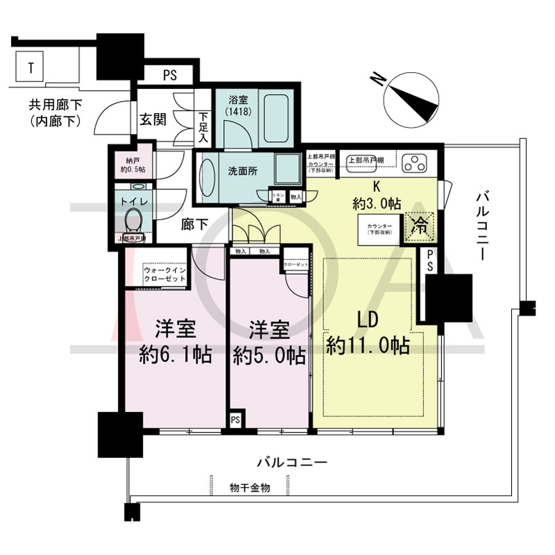 ベイシティタワーズ神戸EAST(ベイシティタワーズ神戸イースト)の間取り図 E-60D-2type
南西向き 2LDK+N+WIC 専有面積58.62m2
バルコニー面積31.13m2 3階 28.01m24階~16階