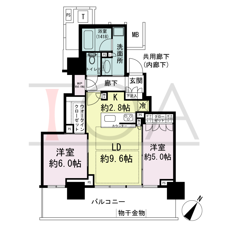 ベイシティタワーズ神戸EAST(ベイシティタワーズ神戸イースト)の間取り図 E-60E-2type
南東向き 2LDK+N+WIC 専有面積58.13m2
バルコニー面積16.84m2