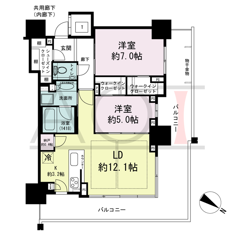 ベイシティタワーズ神戸EAST(ベイシティタワーズ神戸イースト)の間取り図 E-65A-2type
北東向き 2LDK+N+WIC+SIC 専有面積65.39m2
バルコニー面積31.37m2 3階 28.38m24~14階
