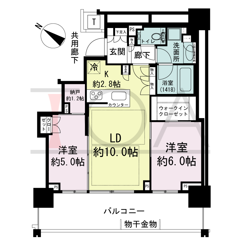 ベイシティタワーズ神戸EAST(ベイシティタワーズ神戸イースト)の間取り図 E-60F-2type
南西向き 2LDK+N+WIC 専有面積57.91m2
バルコニー面積16.55m2