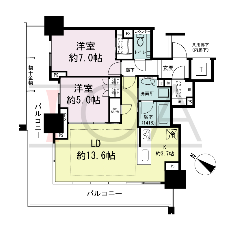 ベイシティタワーズ神戸EAST(ベイシティタワーズ神戸イースト)の間取り図 E-65B-2type
南西向き 2LDK+N+WIC+SIC 専有面積65.94m2
バルコニー面積29.57m2 3階 26.59m24階~14階