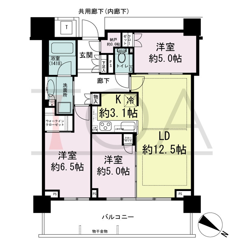 ベイシティタワーズ神戸EAST(ベイシティタワーズ神戸イースト)の間取り図 E-70Ba-3type
北東向き 3LDK+N+WIC 専有面積71.44m2
バルコニー面積16.00m2