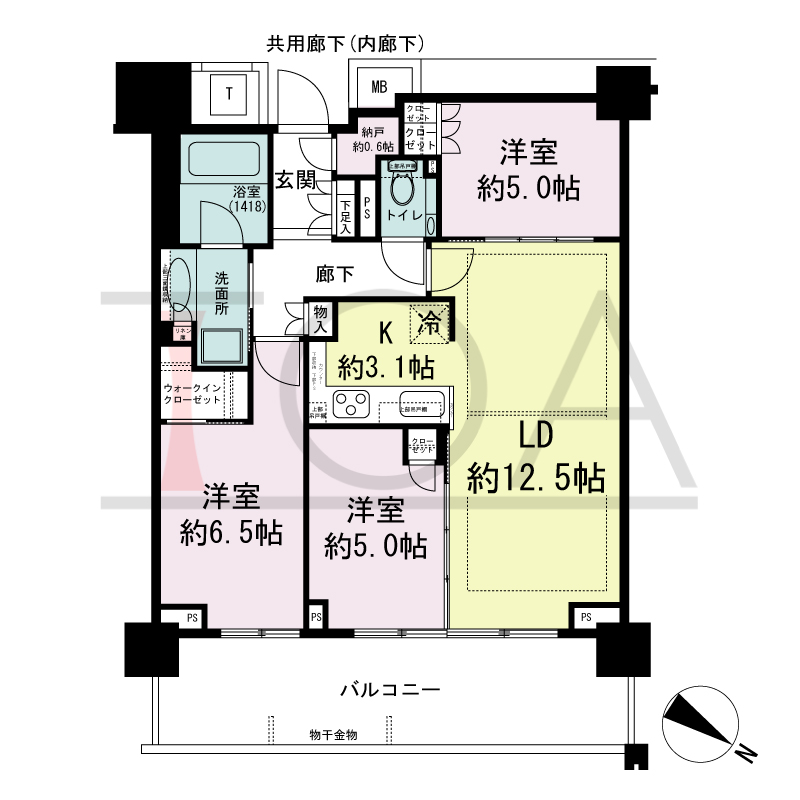 ベイシティタワーズ神戸EAST(ベイシティタワーズ神戸イースト)の間取り図 E-70C-3type
北東向き 3LDK+N+WIC 専有面積71.44m2
バルコニー面積16.00m2