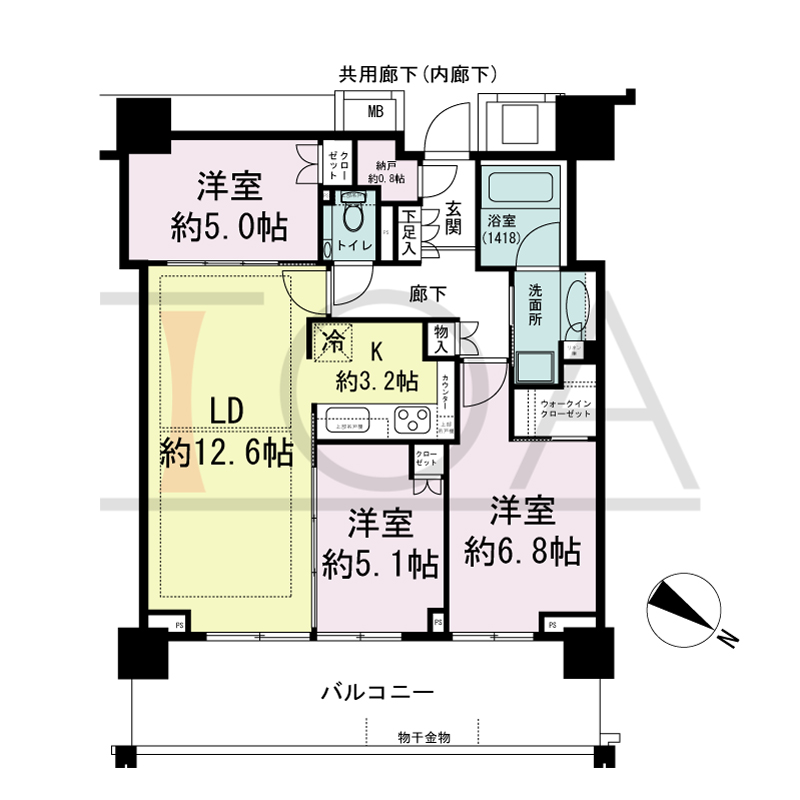 ベイシティタワーズ神戸EAST(ベイシティタワーズ神戸イースト)の間取り図 E-70Bd-3type
北東向き 3LDK+N+WIC 専有面積72.15m2
バルコニー面積16.76m2