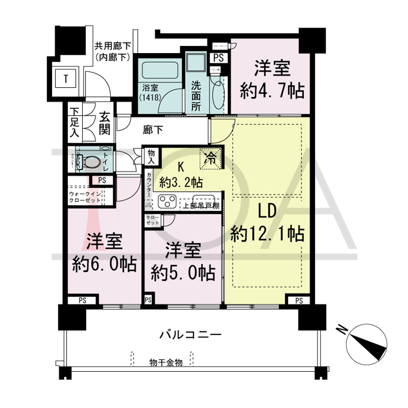 ベイシティタワーズ神戸EAST(ベイシティタワーズ神戸イースト)の間取り図 E-70Be-3type
南西向き 3LDK+WIC 専有面積68.35m2
バルコニー面積16.76m2