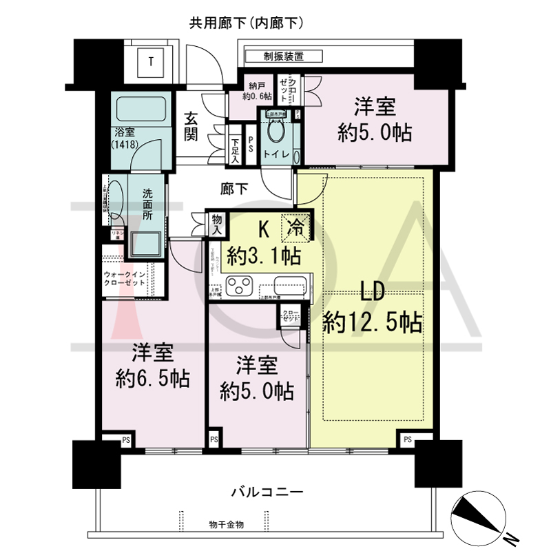 ベイシティタワーズ神戸EAST(ベイシティタワーズ神戸イースト)の間取り図 E-70C-3type
北東向き 3LDK+N+WIC 専有面積71.44m2
バルコニー面積16.00m2