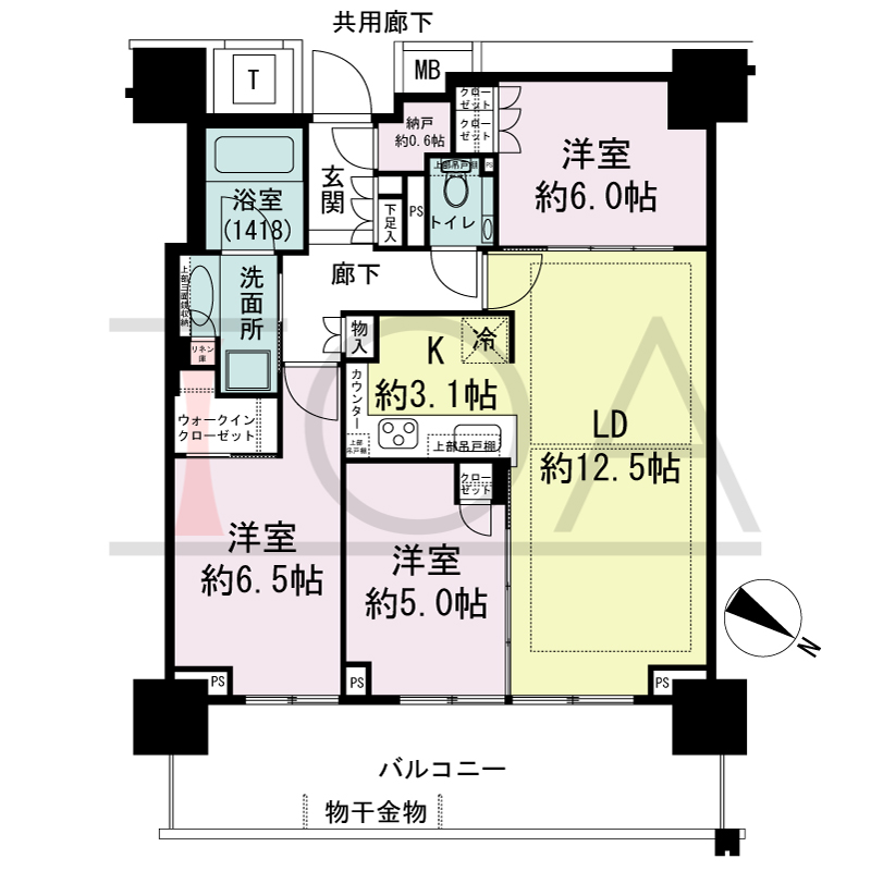 ベイシティタワーズ神戸EAST(ベイシティタワーズ神戸イースト)の間取り図 E-70D-3type
北東向き 3LDK+N+WIC 専有面積70.82m2
バルコニー面積16.24m23階 16.38m2 4階~25階