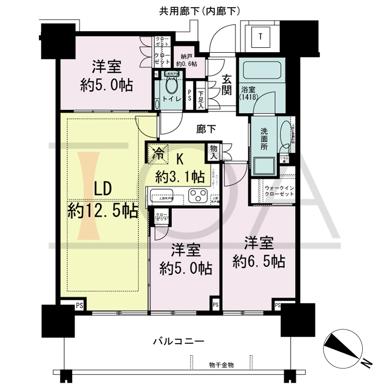ベイシティタワーズ神戸EAST(ベイシティタワーズ神戸イースト)の間取り図 E-70E-3type
北東向き 3LDK+N+WIC 専有面積70.82m2
バルコニー面積16.24m2