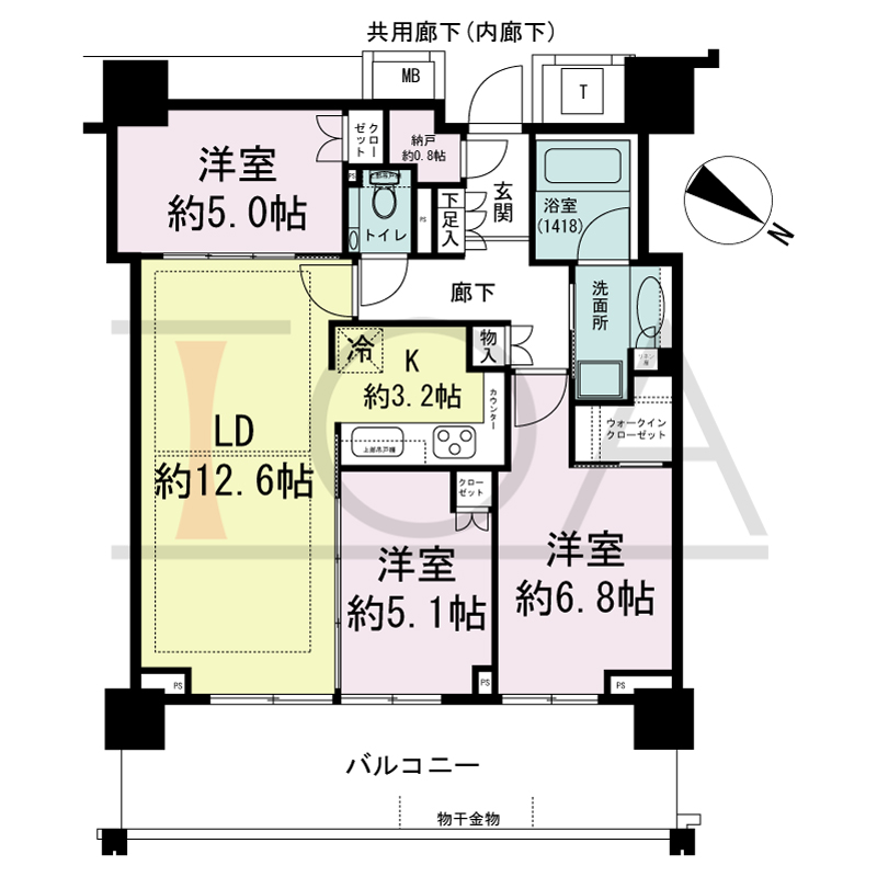 ベイシティタワーズ神戸EAST(ベイシティタワーズ神戸イースト)の間取り図 E-70G-3type
北東向き 3LDK+N+WIC 専有面積72.15?
バルコニー面積16.50m2 3階 16.76m2 4階~25階