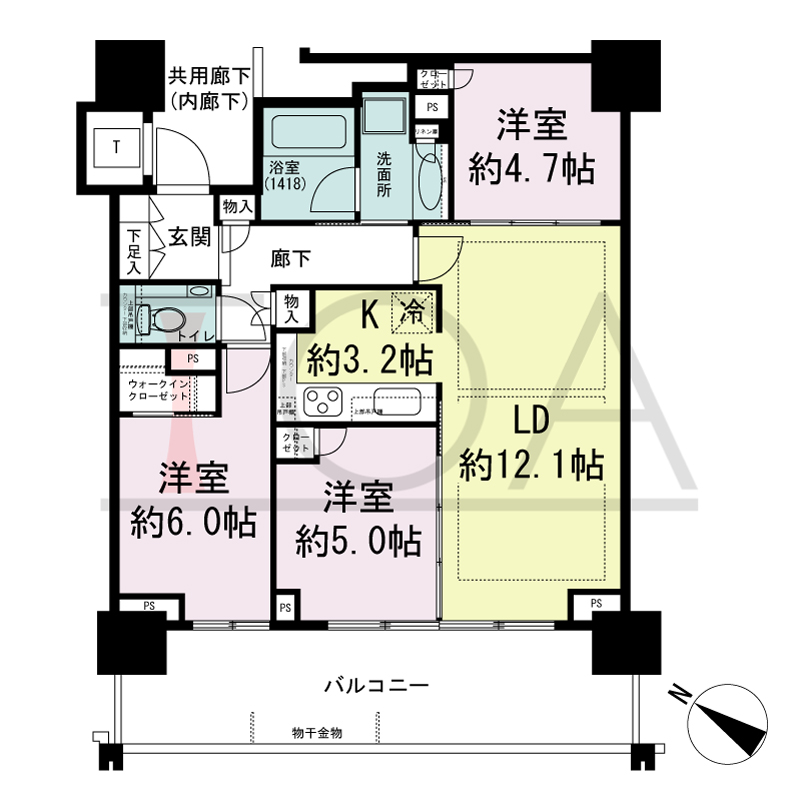 ベイシティタワーズ神戸EAST(ベイシティタワーズ神戸イースト)の間取り図 E-70H-3type
南西向き 3LDK+N+WIC 専有面積68.35m2
バルコニー面積16.76m2