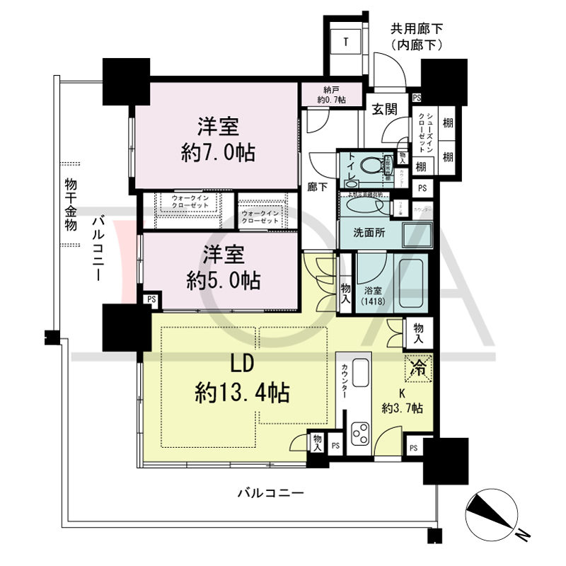 ベイシティタワーズ神戸EAST(ベイシティタワーズ神戸イースト)の間取り図 E-70J-2type
北東向き 2LDK+N+2WIC+SIC 専有面積72.15m2
バルコニー面積33.73m23階 30.58m24階~16階