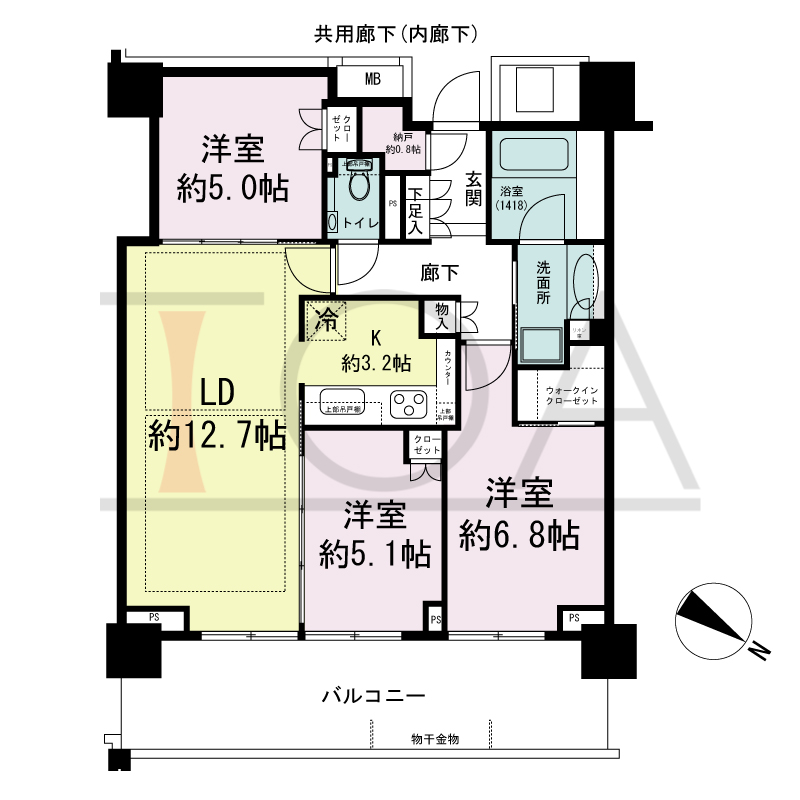 ベイシティタワーズ神戸EAST(ベイシティタワーズ神戸イースト)の間取り図 E-75Ba-3type
北東向き 3LDK+N+WIC 専有面積72.70m2
バルコニー面積16.38m2