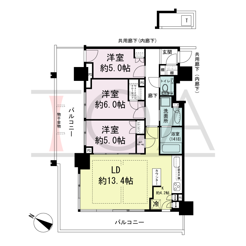 ベイシティタワーズ神戸EAST(ベイシティタワーズ神戸イースト)の間取り図 E-75Bb-3type
南西向き 3LDK+N+WIC+SIC 専有面積74.76m2
バルコニー面積31.18m2
