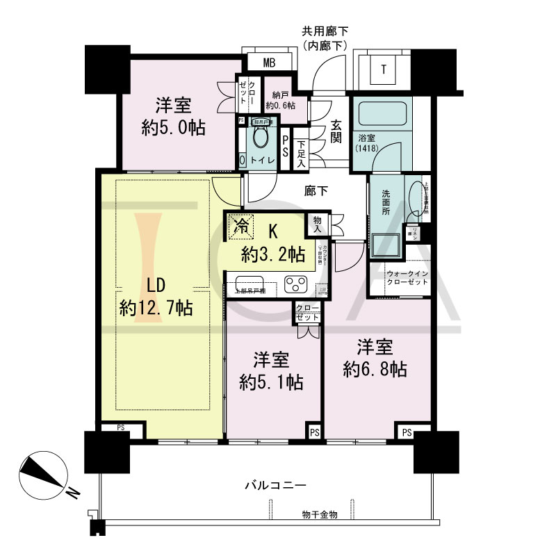 ベイシティタワーズ神戸EAST(ベイシティタワーズ神戸イースト)の間取り図 E-75C-3type
北東向き 3LDK+N+WIC専有面積72.70m2
バルコニー面積16.26m2 3階16.38m2 4階~25階