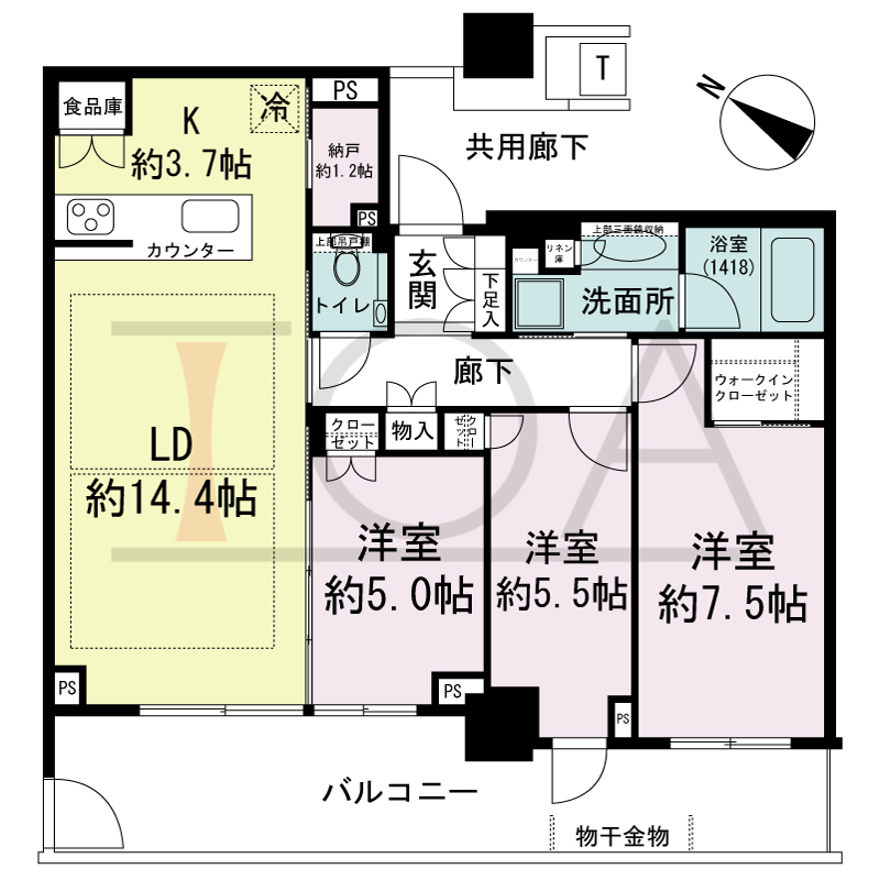 ベイシティタワーズ神戸EAST(ベイシティタワーズ神戸イースト)の間取り図 E-80B-3type
南西向き 3LDK+N+WIC専有面積80.03m2
バルコニー面積18.80m2
