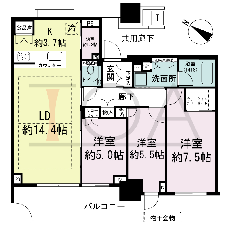 ベイシティタワーズ神戸EAST(ベイシティタワーズ神戸イースト)の間取り図 E-80C-3type
南西向き 3LDK+N+WIC専有面積80.03m2
バルコニー面積18.80m2