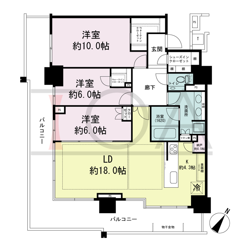 ベイシティタワーズ神戸EAST(ベイシティタワーズ神戸イースト)の間取り図 E-100B-3type
南東向き 3LDK+N+2WIC+SIC専有面積100.27m2
バルコニー面積36.16m2